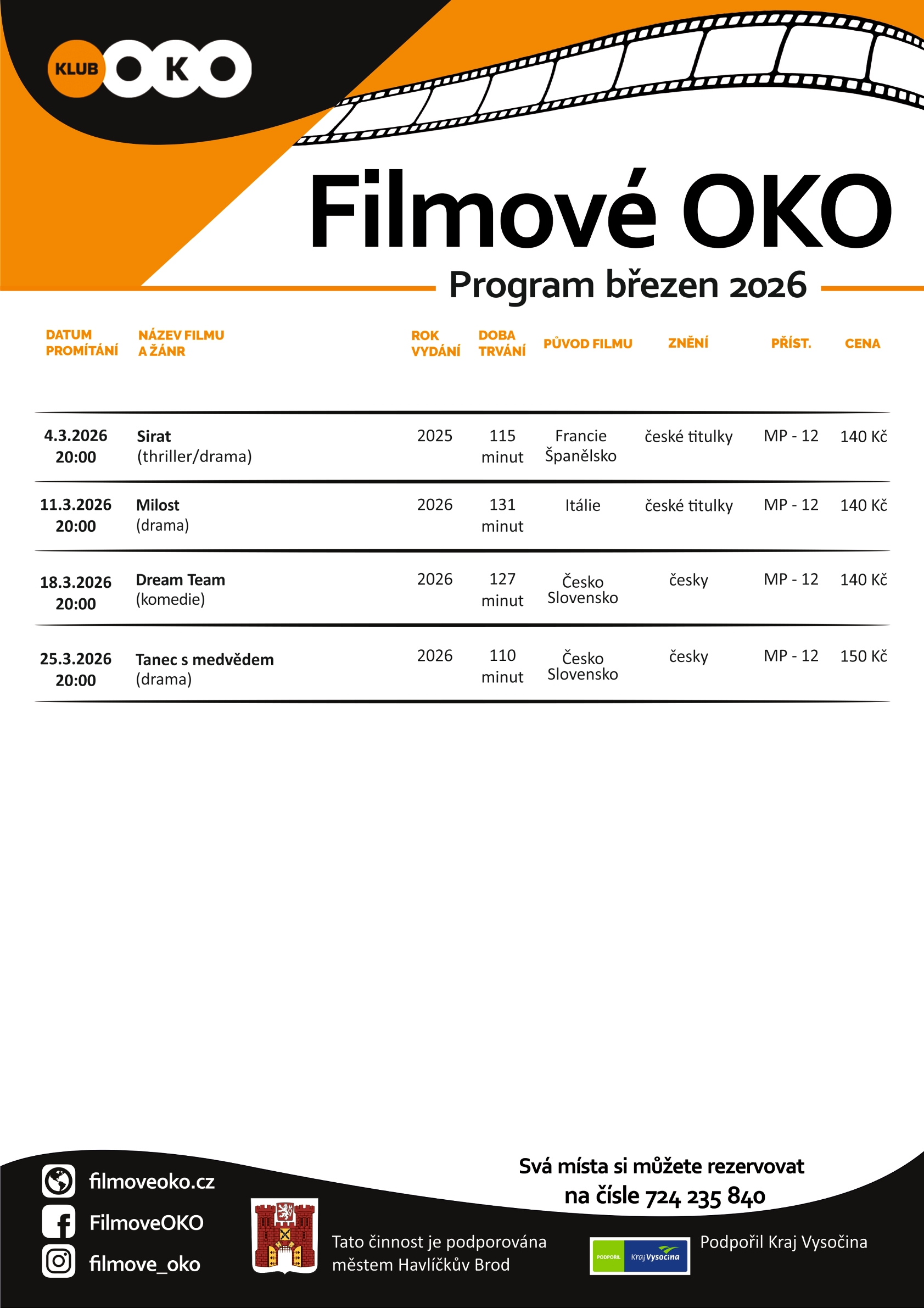 Program Filmového OKA Havlíčkův Brod na březen 2026.